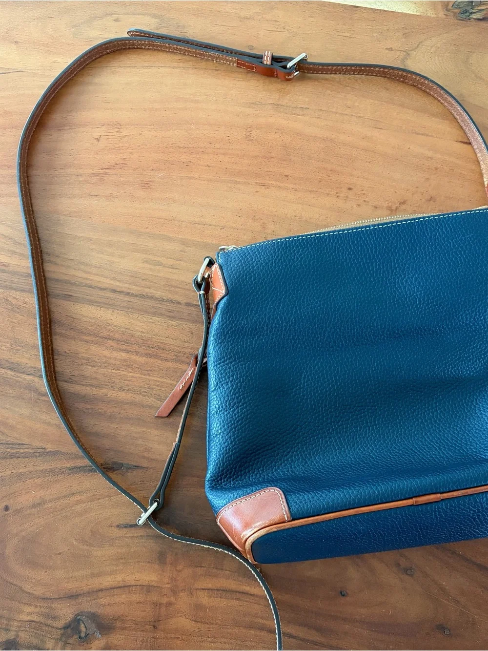Dooney & Bourke Black Pebbled Leather Crossbody with Brown Trim & Gold Plate